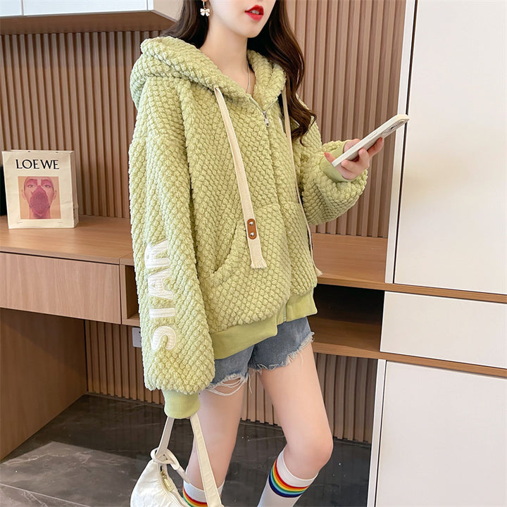 Korean-Style Loose-Fit Fleece Pocket Hooded Cardigan