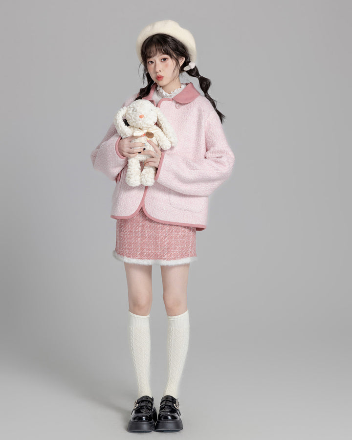 Pink Short Loose Wool Coat for Fall and Winter