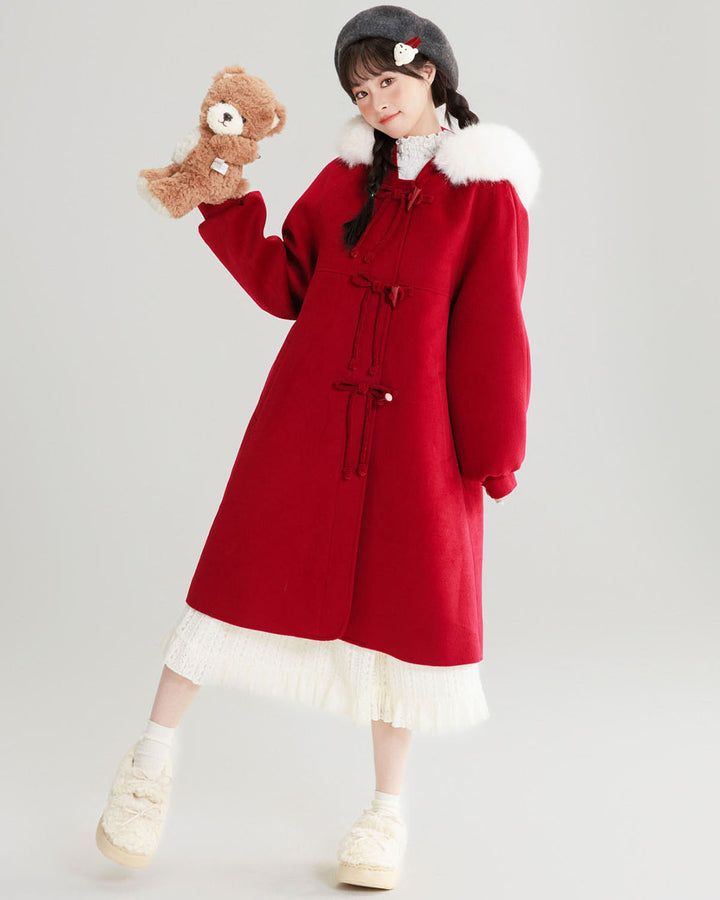 Red Wool Coat with Lantern Sleeves