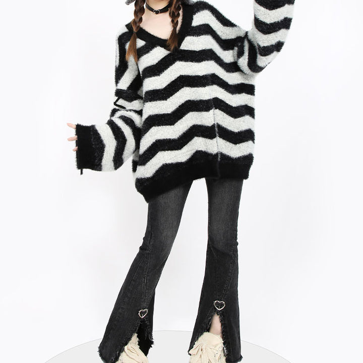 Black and Light Grey Striped V-Neck Sweater