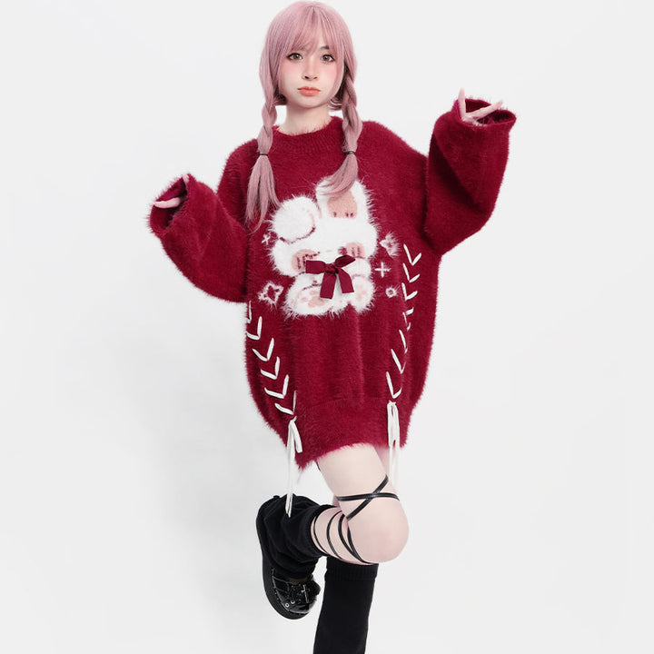 Lucky Rabbit Print Bell Sleeve Red Sweater