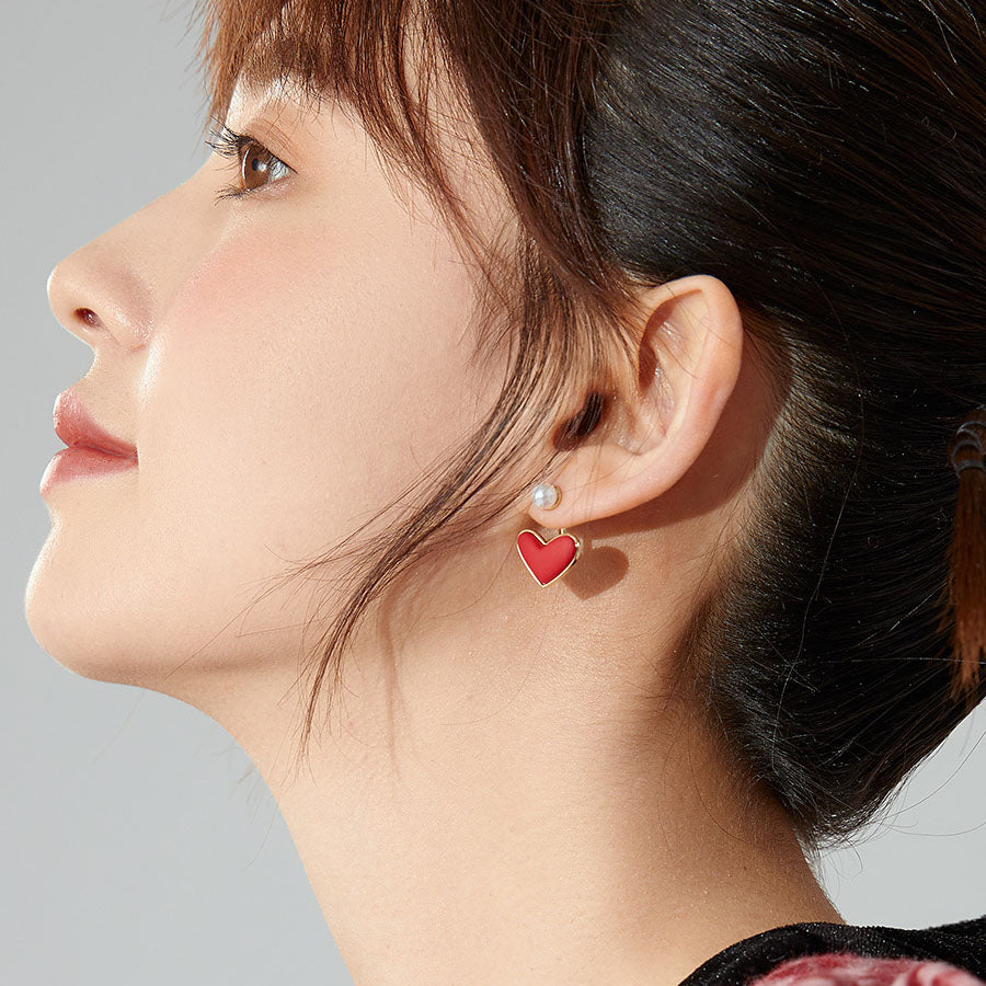 Red Heart and Pearl Drop Earrings