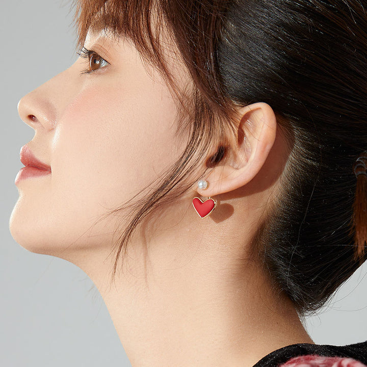 Red Heart and Pearl Drop Earrings
