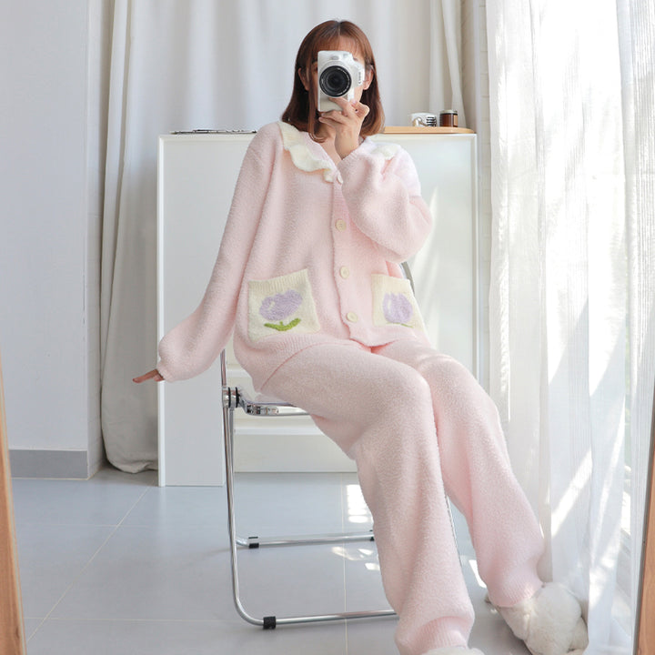 Tulip Pattern Pocket Button-up Lapel Winter Pajama Set