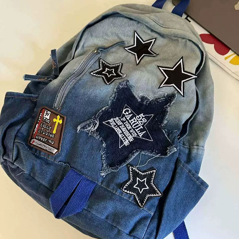 Stars Embroidery Denim Backpack