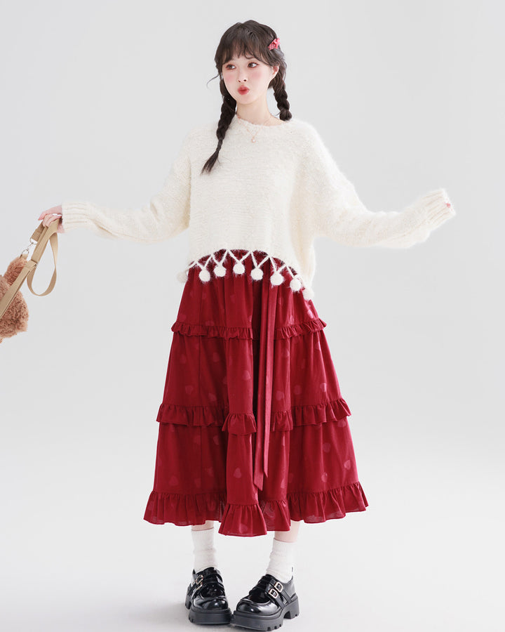 Off-White Round-Neck Sweater with Pom-Pom Details