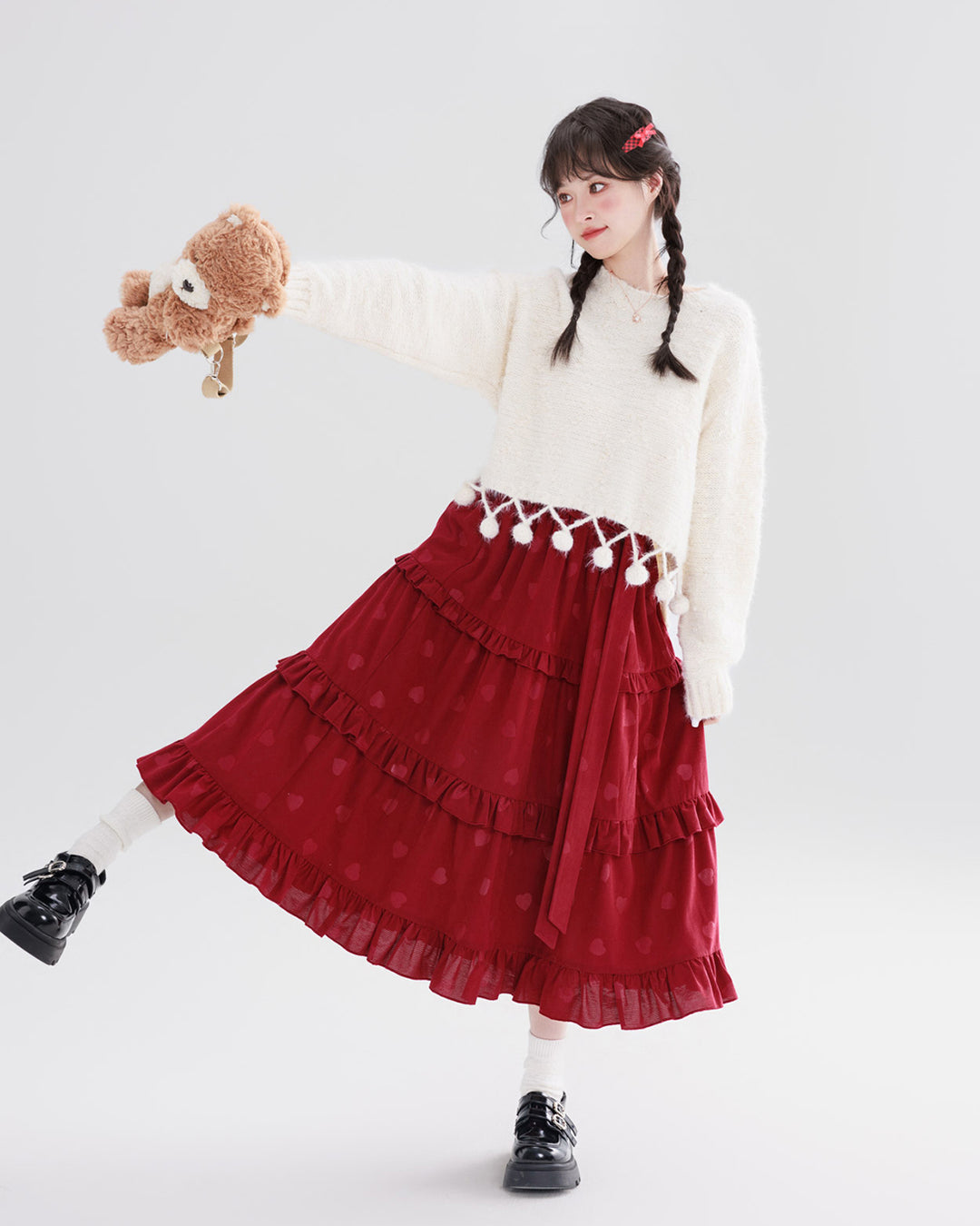 Off-White Round-Neck Sweater with Pom-Pom Details