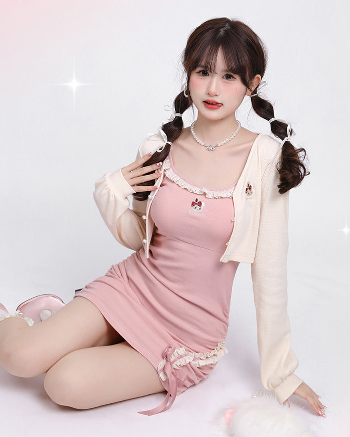 Rabbit Embroidery Waist Slimming Lace Strap Dress