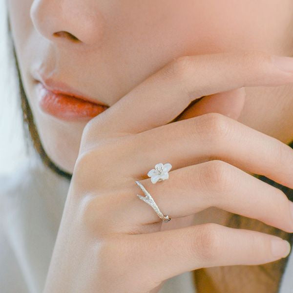 White Cherry Blossom Silver Ring