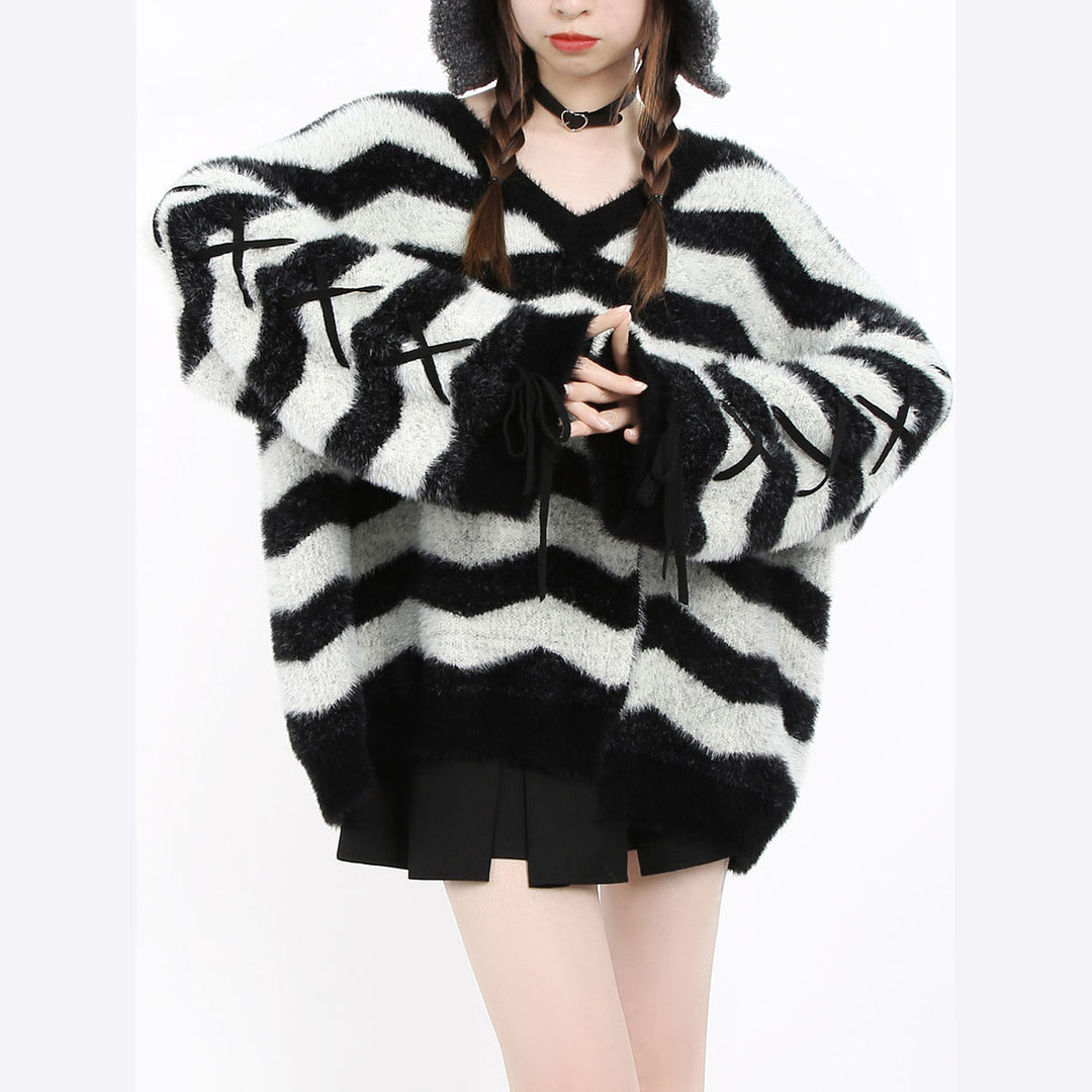 Black and Light Grey Striped V-Neck Sweater