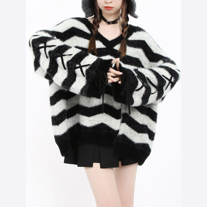 Black and Light Grey Striped V-Neck Sweater