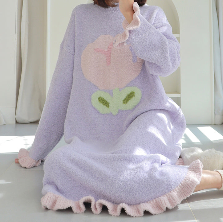 Tulip Pattern Round Neck Winter Nightgown Pajamas Dress