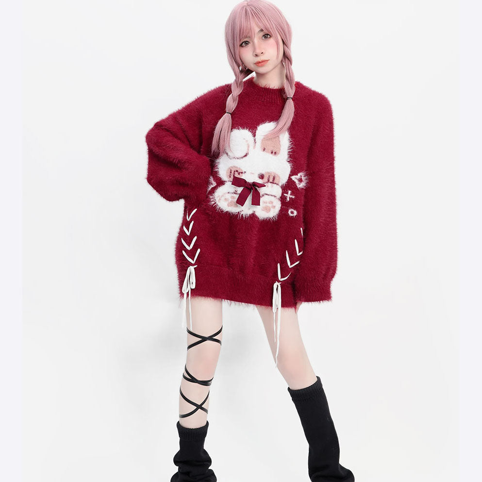 Lucky Rabbit Print Bell Sleeve Red Sweater