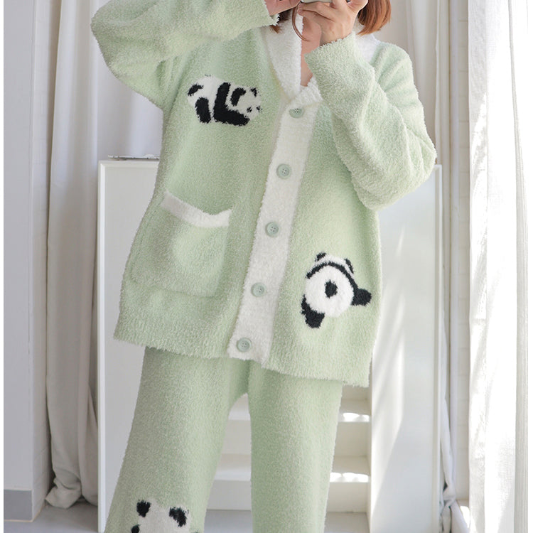 Panda Pattern Pocket Button-up Lapel Winter Pajama Set