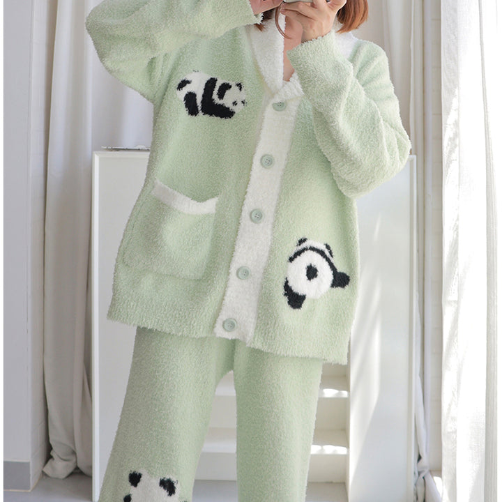 Panda Pattern Pocket Button-up Lapel Winter Pajama Set