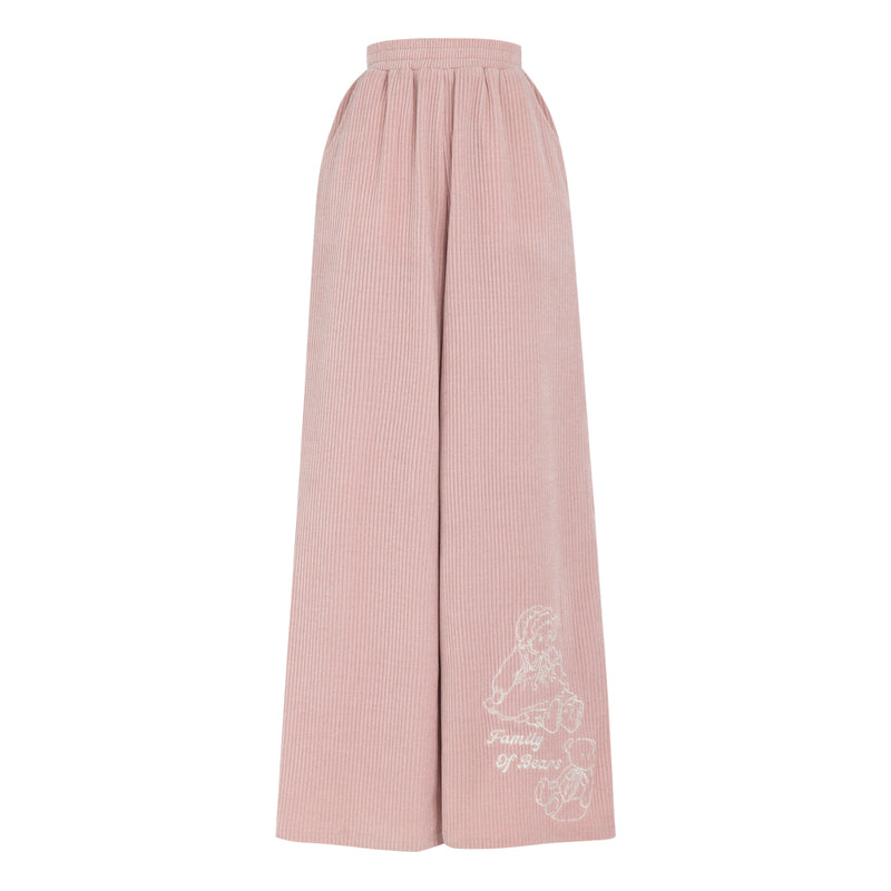 Bear Embroidered Pink Elastic Waist Straight-Leg Pants
