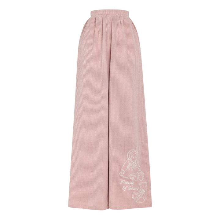 Bear Embroidered Pink Elastic Waist Straight-Leg Pants