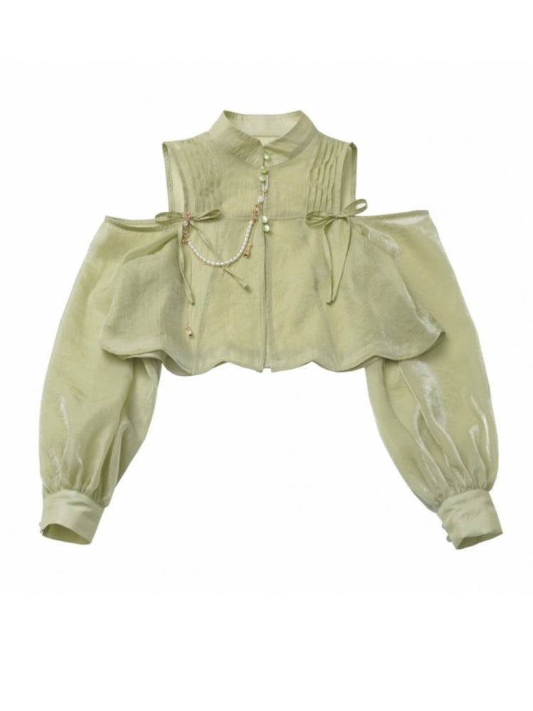 Spring Summer Green White Dress / Off Shoulder Top