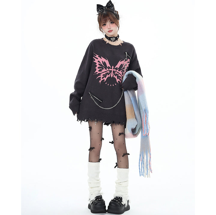 Butterfly Pattern Chain-Decorated Round Neck Knit Sweater