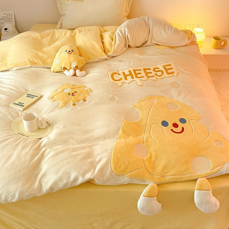 Cute Cartoon Cheese Embroidery Milk Velvet Duvet Cover Set