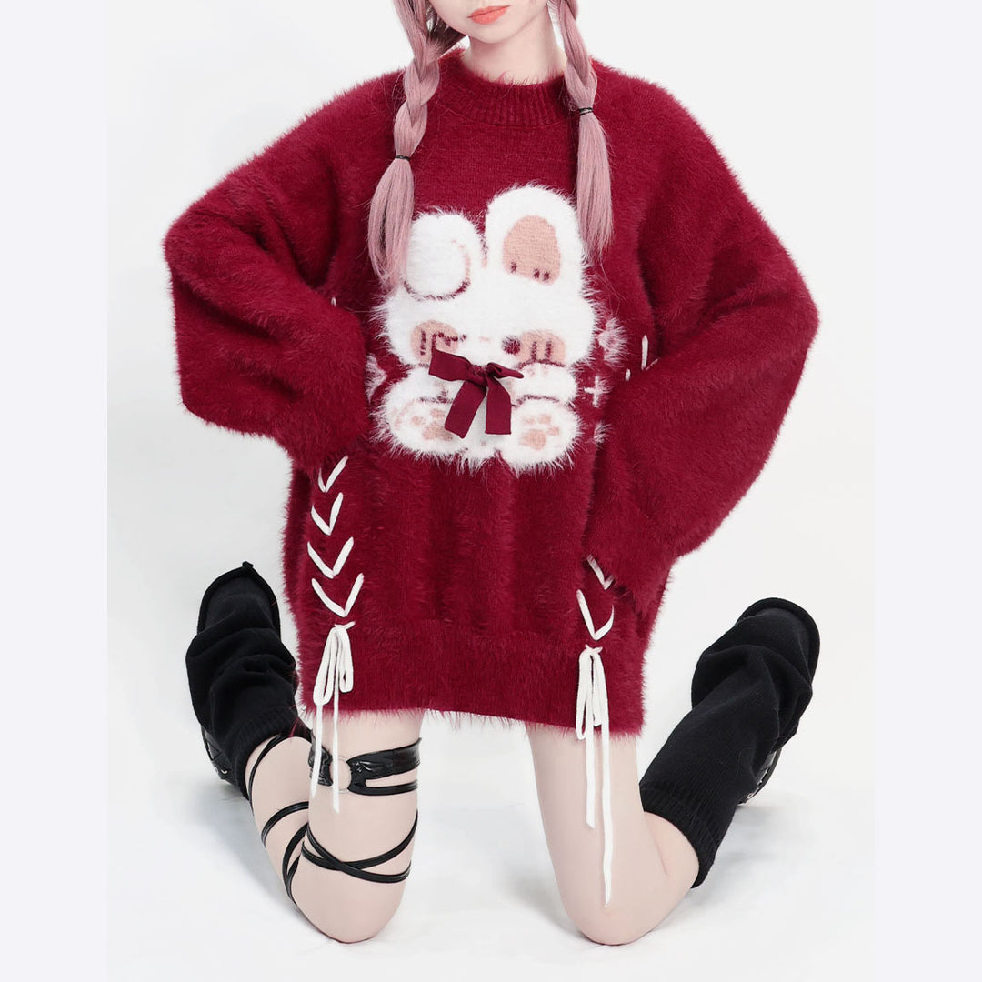 Lucky Rabbit Print Bell Sleeve Red Sweater