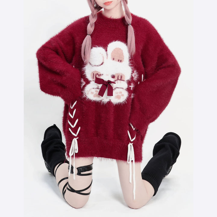Lucky Rabbit Print Bell Sleeve Red Sweater