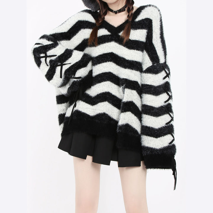 Black and Light Grey Striped V-Neck Sweater
