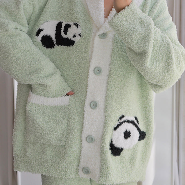 Panda Pattern Pocket Button-up Lapel Winter Pajama Set