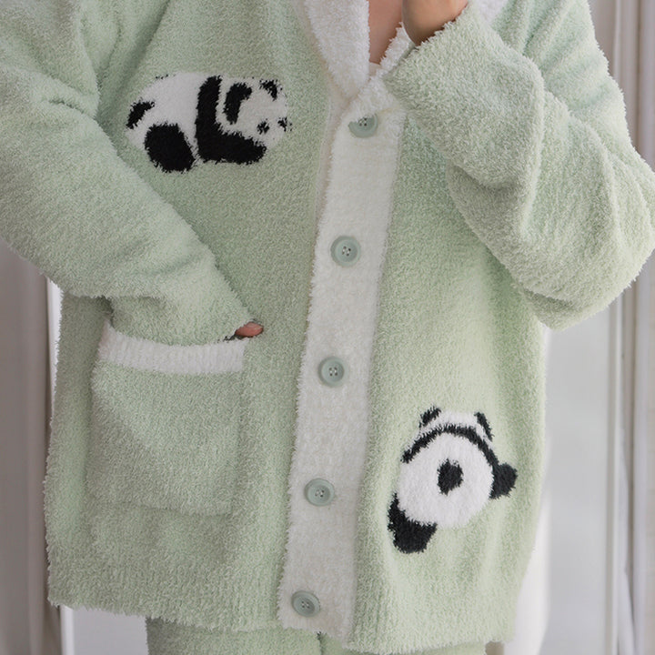 Panda Pattern Pocket Button-up Lapel Winter Pajama Set