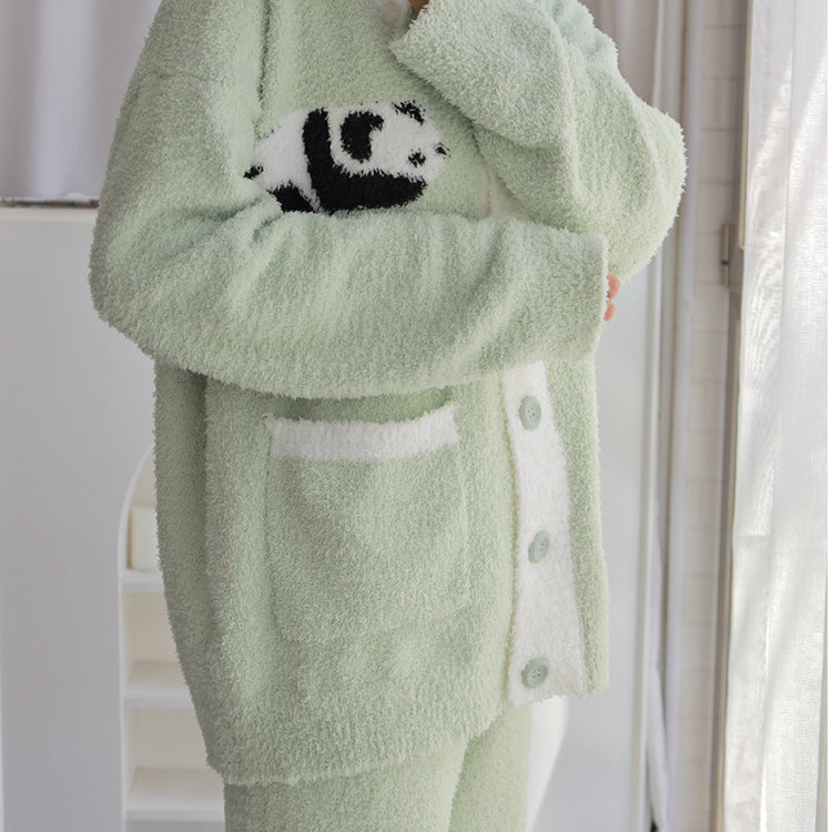 Panda Pattern Pocket Button-up Lapel Winter Pajama Set