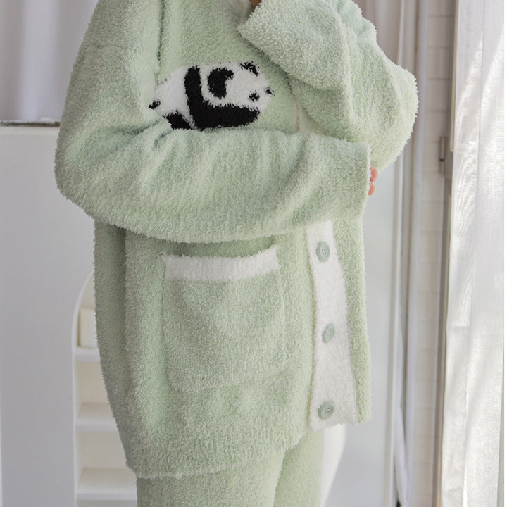 Panda Pattern Pocket Button-up Lapel Winter Pajama Set