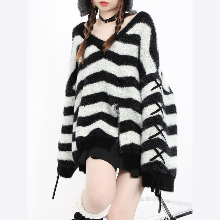 Black and Light Grey Striped V-Neck Sweater