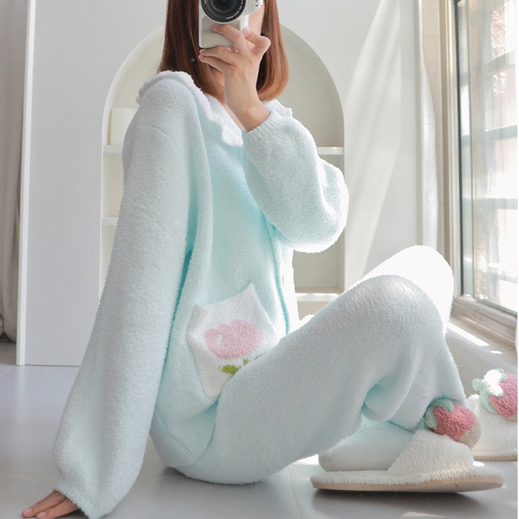 Tulip Pattern Pocket Button-up Lapel Winter Pajama Set