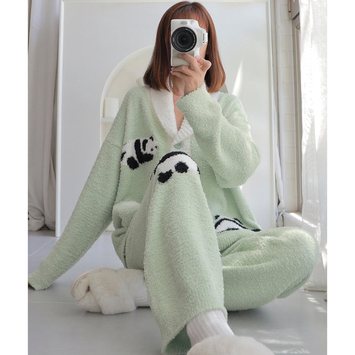 Panda Pattern Pocket Button-up Lapel Winter Pajama Set