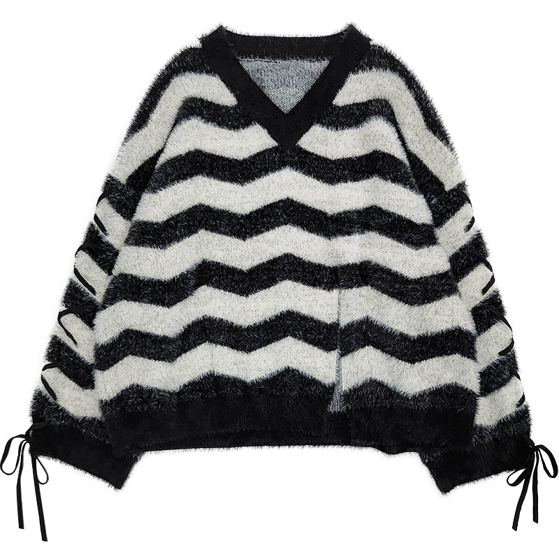 Black and Light Grey Striped V-Neck Sweater