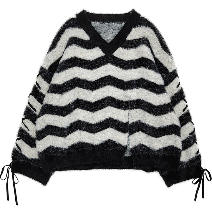 Black and Light Grey Striped V-Neck Sweater