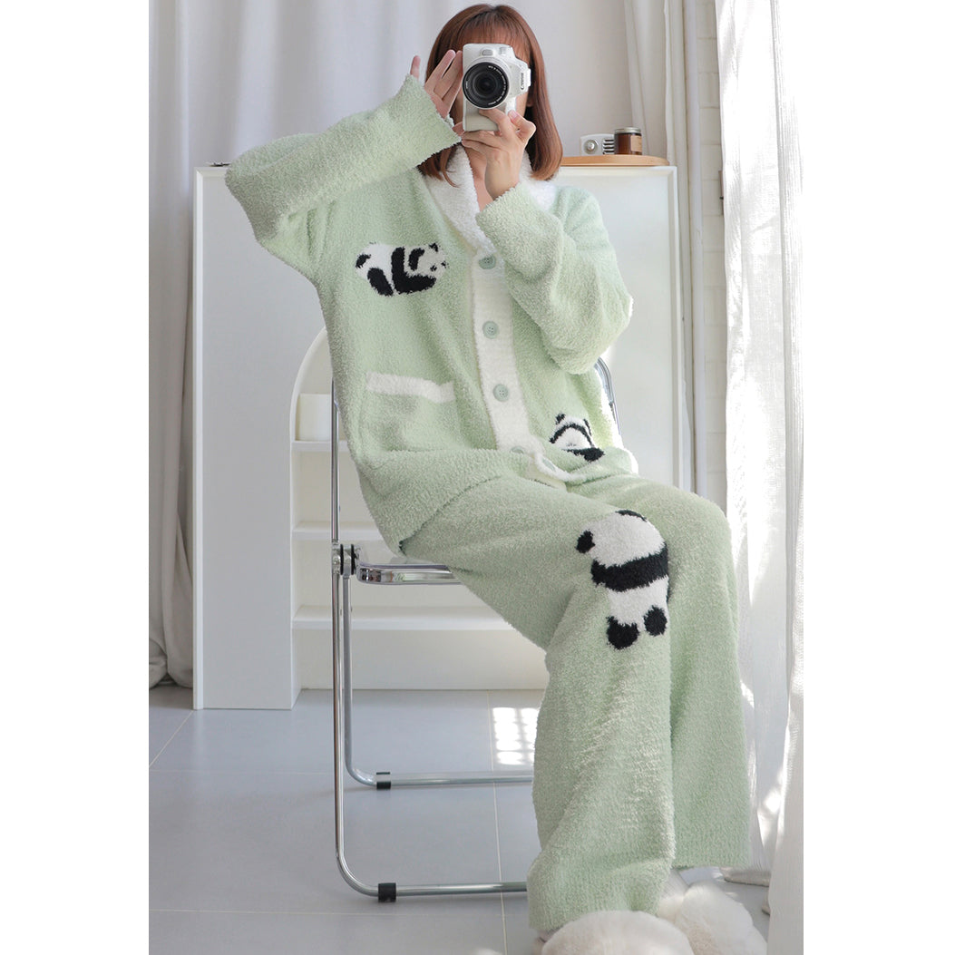 Panda Pattern Pocket Button-up Lapel Winter Pajama Set
