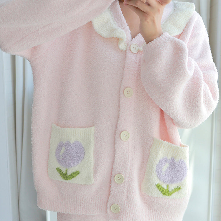 Tulip Pattern Pocket Button-up Lapel Winter Pajama Set