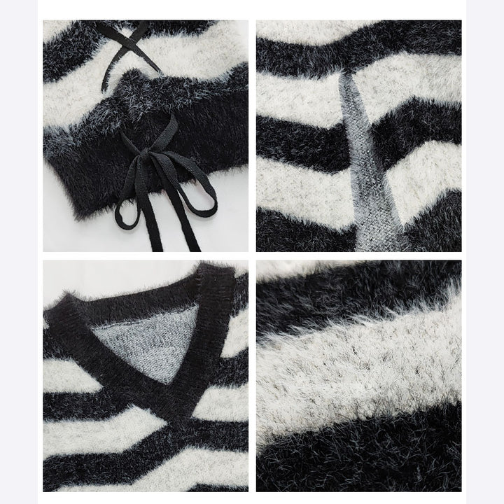 Black and Light Grey Striped V-Neck Sweater