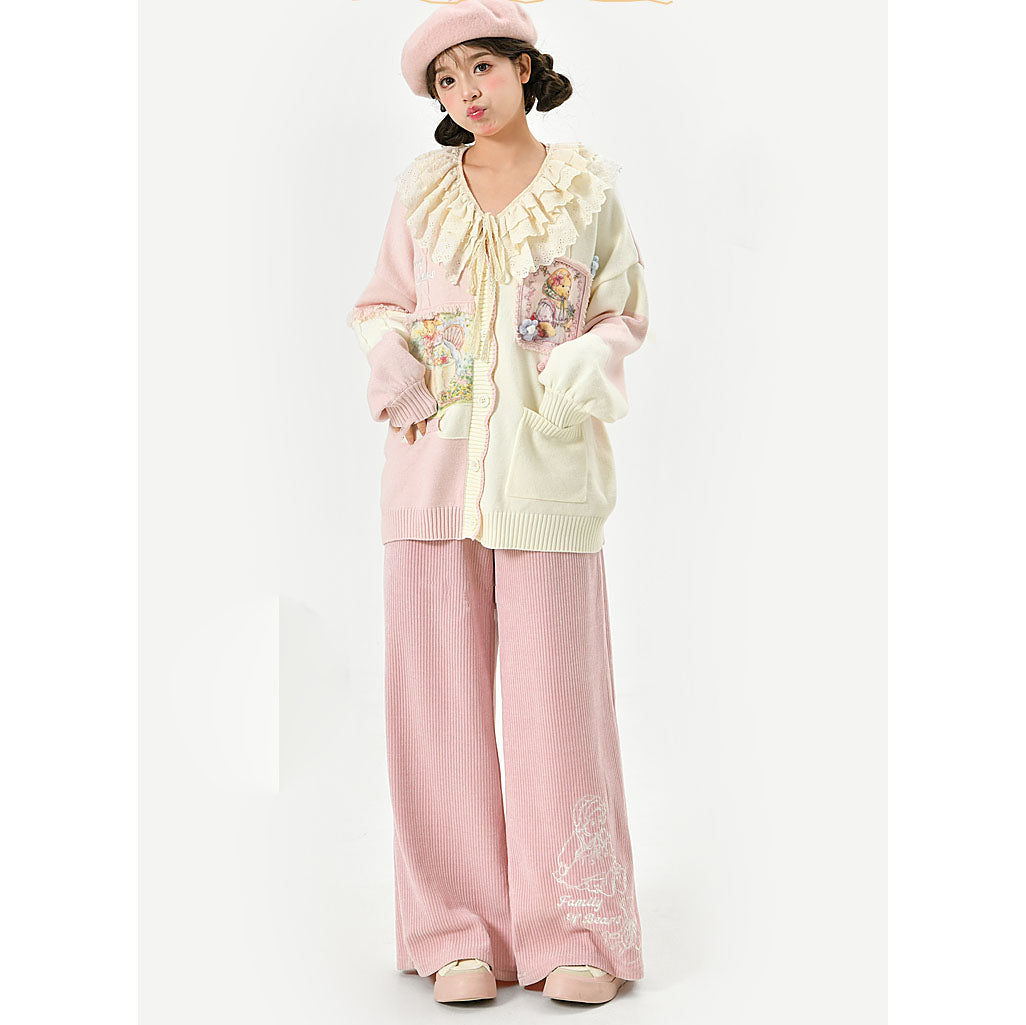 Bear Embroidered Pink Elastic Waist Straight-Leg Pants