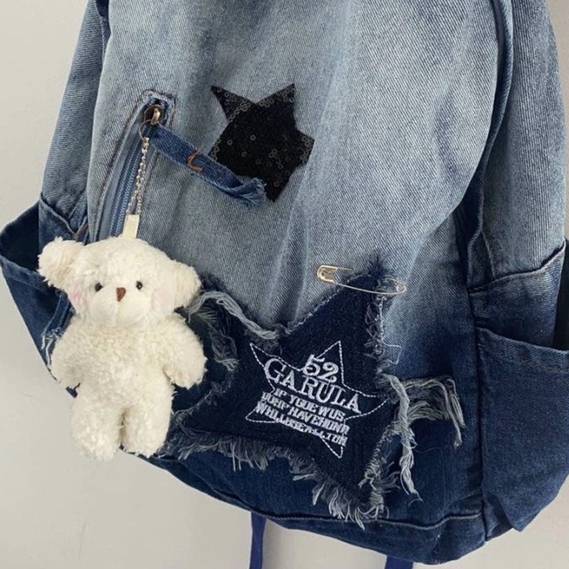 Stars Embroidery Denim Backpack