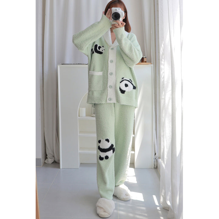 Panda Pattern Pocket Button-up Lapel Winter Pajama Set