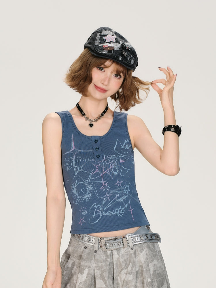 Adorable Cartoon Doodle Casual Summer Top