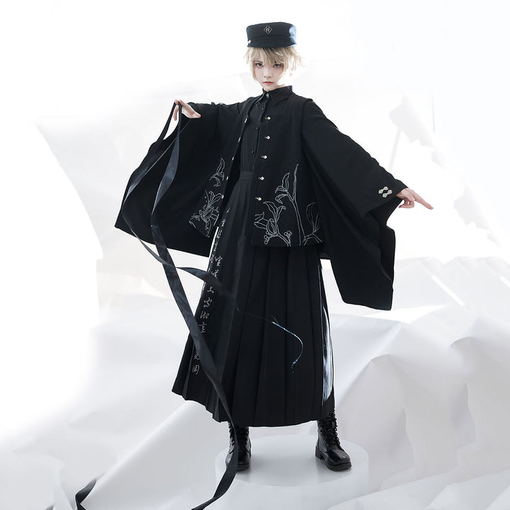 Black Pointed Collar Vintage Wide-Sleeve Blouse