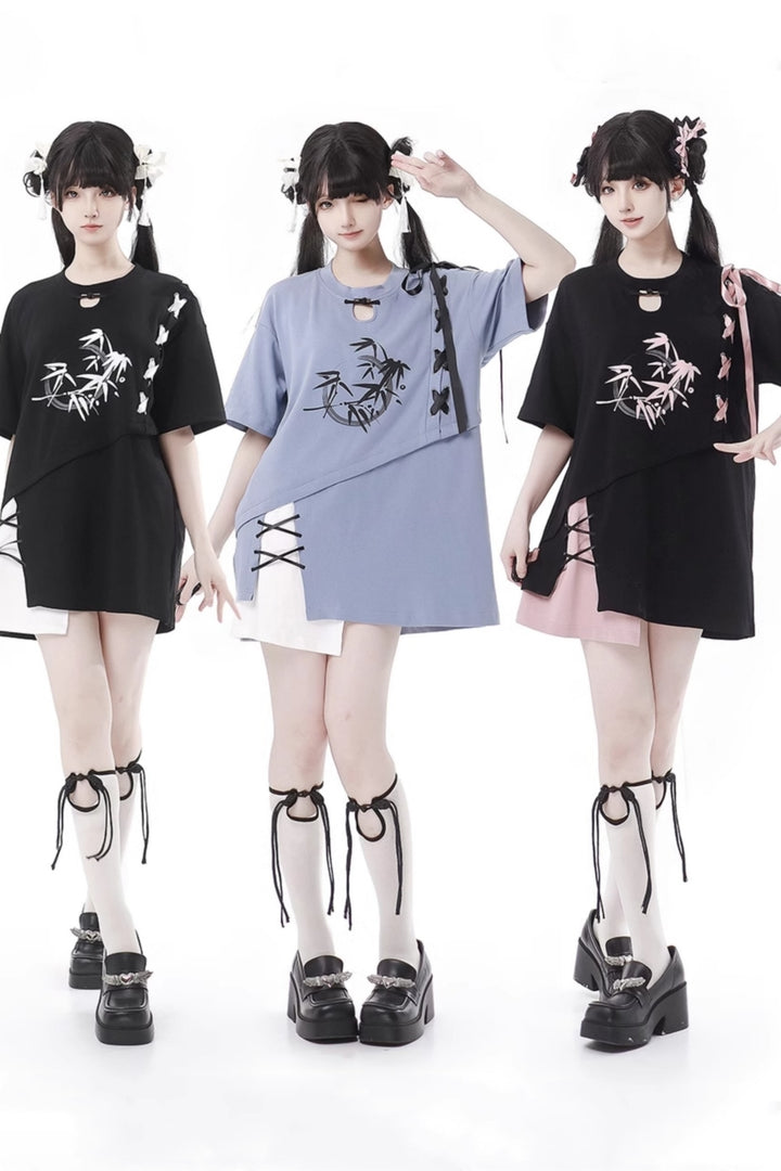 Black/ Blue Bamboo Print Chinese Style Tie-Detail Summer Casual Patchwork T-Shirt