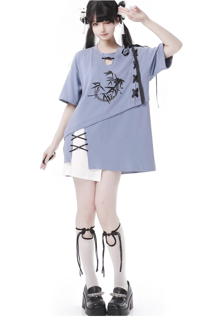 Black/ Blue Bamboo Print Chinese Style Tie-Detail Summer Casual Patchwork T-Shirt