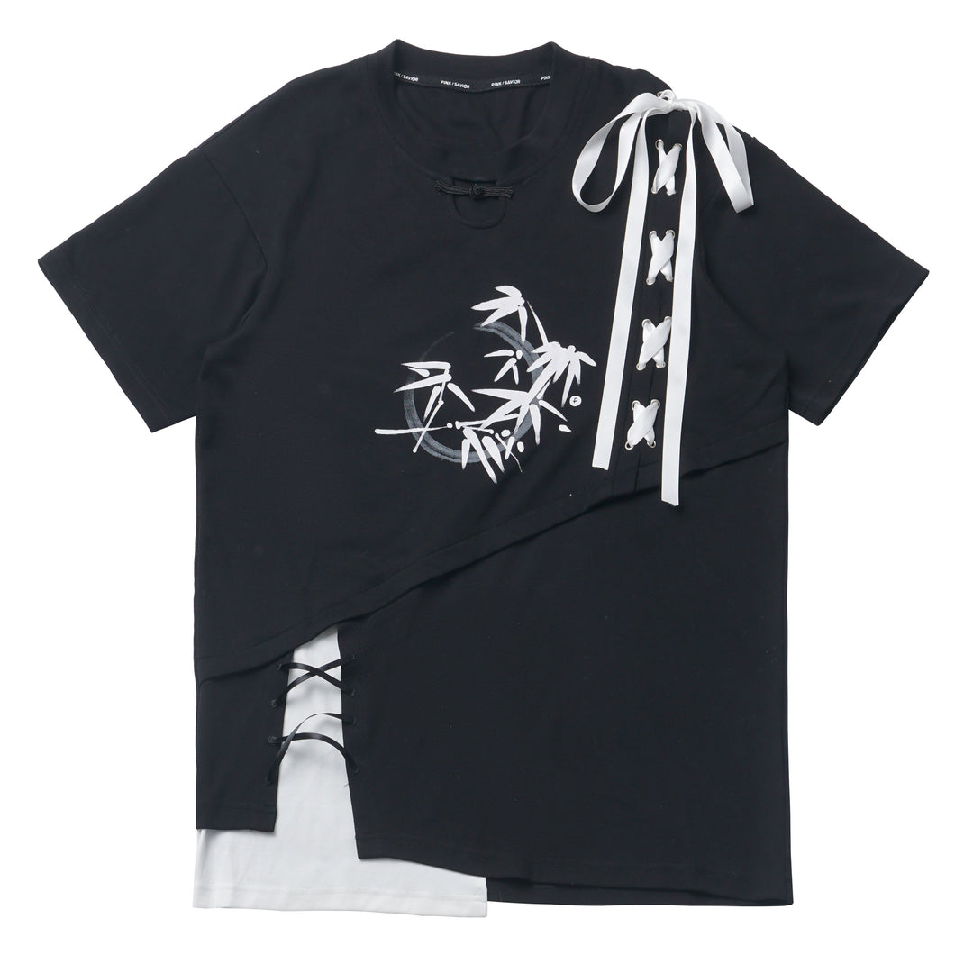 Black/ Blue Bamboo Print Chinese Style Tie-Detail Summer Casual Patchwork T-Shirt