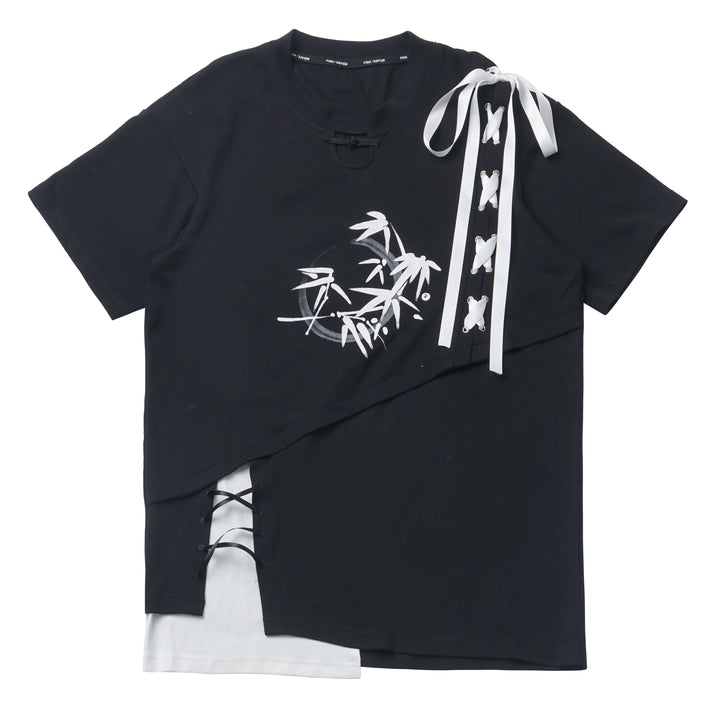 Black/ Blue Bamboo Print Chinese Style Tie-Detail Summer Casual Patchwork T-Shirt
