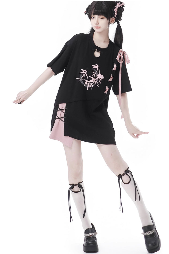 Black/ Blue Bamboo Print Chinese Style Tie-Detail Summer Casual Patchwork T-Shirt