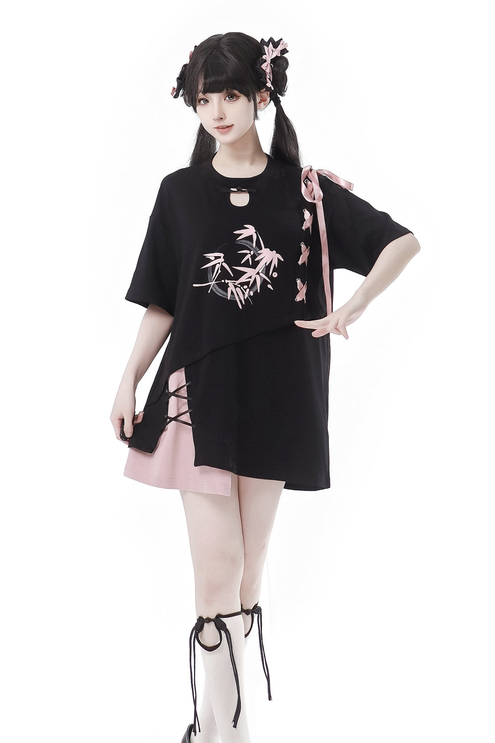 Black/ Blue Bamboo Print Chinese Style Tie-Detail Summer Casual Patchwork T-Shirt